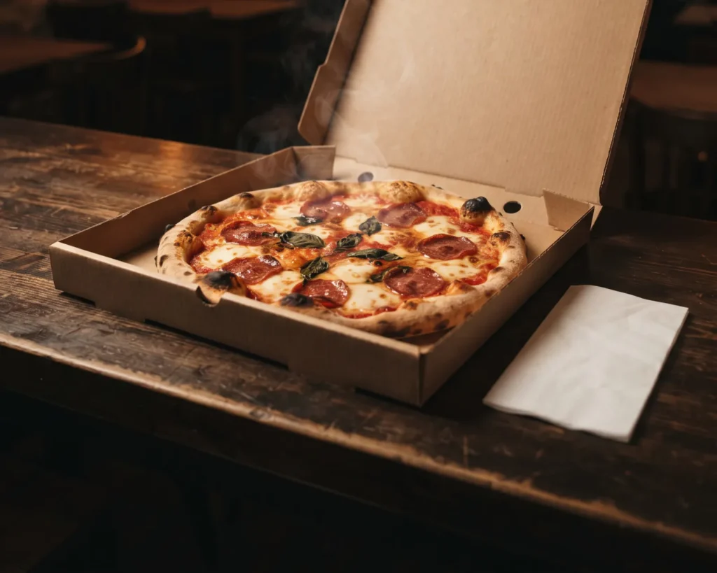 Pizza in een open afhaaldoos op een houten tafel