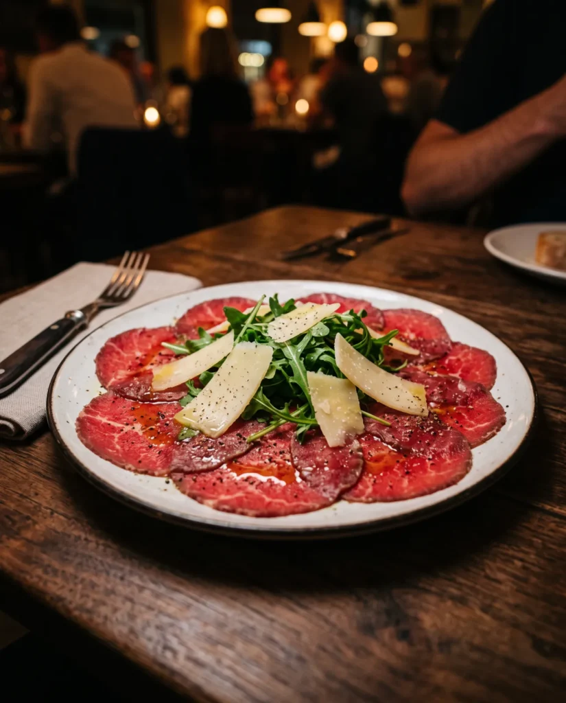 Carpaccio Classico: rundscarpaccio met rucola en parmezaan