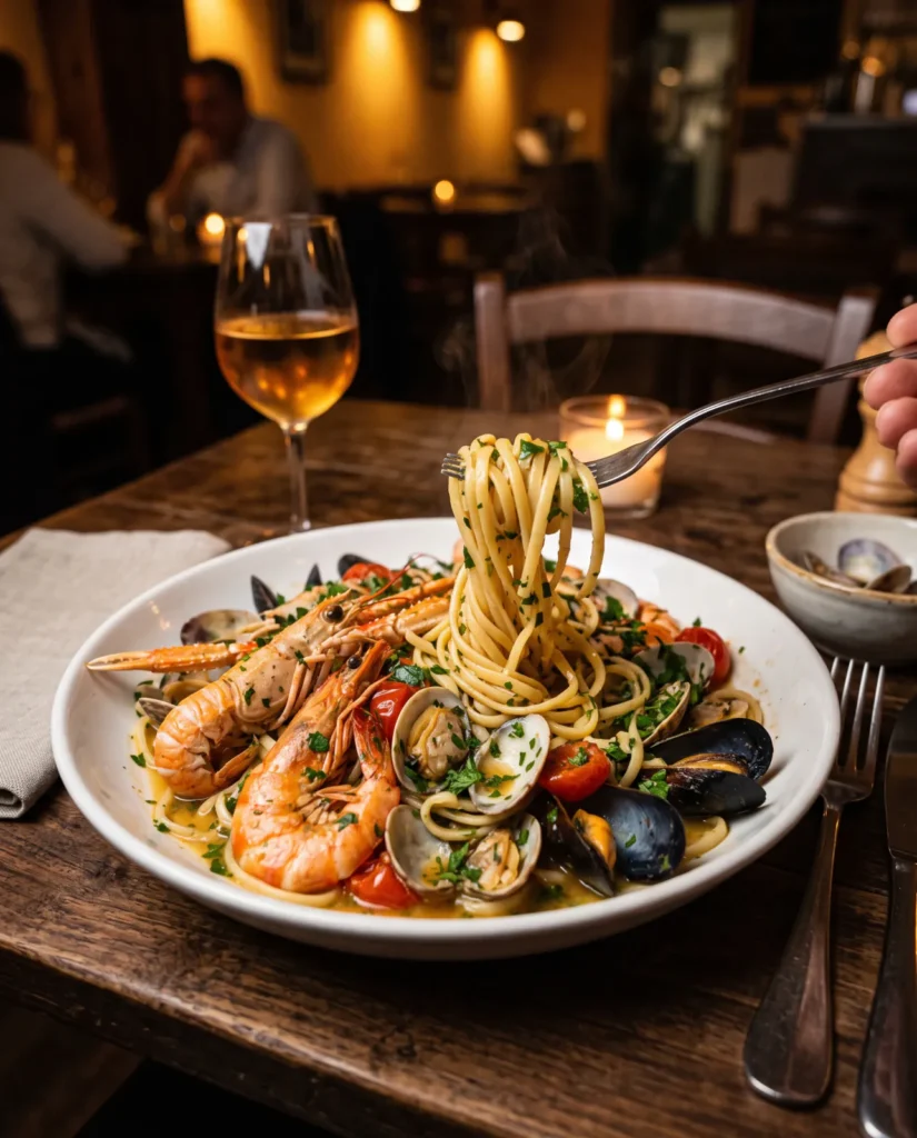 Linguine scoglio met scampi, gamba, vongole, mosselen en kerstomaatjes