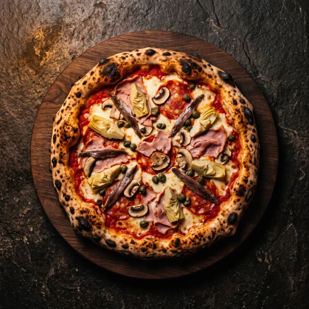 Pizza Sapore van bovenaf met tomaat, mozzarella, ham, pikante salami, kappertjes, ansjovis, artisjok en champignons