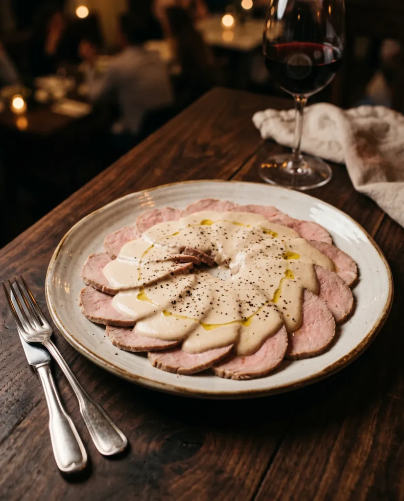 Vitello tonnato: traag gegaard kalfsvlees met crème van tonijn